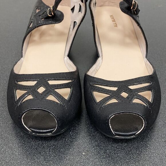 All Black the Brand Anthropologie Black Leather Cut Out Peep Toe Mary Jane Heels - Picture 3 of 12